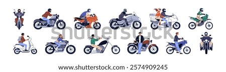 Set of motorcyclists are on different motorcycles. Bikers in helmets drive on motorbike: sports, adventure touring, enduro, scooter, naked, street bikes. Flat isolated vector illustrations on white