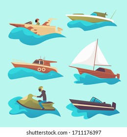 Set of motorized sea boats and little fishing ships cartoon icons, flat vector illustration isolated on blue background. Sailboats and water transport collection.