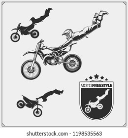 Set of motorsport silhouettes, labels and emblems. Motocross jumping riders, moto freestyle.