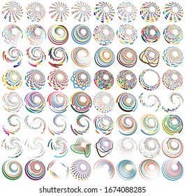 Set of mottled, multi color and colorful spiral, swirl, twirl shapes. Vortex, whorl shape with rotation, spin, coiling distortion effect