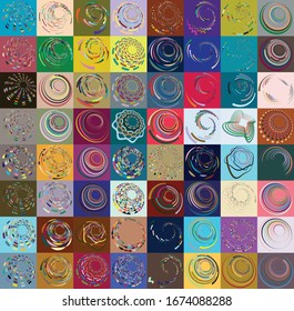 Conjunto de formas en espiral, giratorias, giratorias, multicolores y coloridas. Vórtex, forma de puño con rotación, giro, efecto de distorsión de la bobina sobre fondo coloreado, fondo