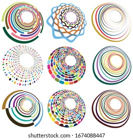 Set of mottled, multi color and colorful spiral, swirl, twirl shapes. Vortex, whorl shape with rotation, spin, coiling distortion effect