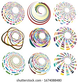 Set of mottled, multi color and colorful spiral, swirl, twirl shapes. Vortex, whorl shape with rotation, spin, coiling distortion effect