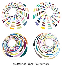 Conjunto de formas en espiral, giratorias, giratorias, multicolores y coloridas. Vórtice, forma de torsión con rotación, giro, efecto de distorsión de la bobina