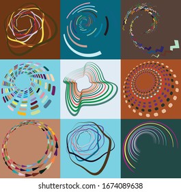 Set of mottled, multi color and colorful spiral, swirl, twirl shapes. Vortex, whorl shape with rotation, spin, coiling distortion effect over colored background, backdrop