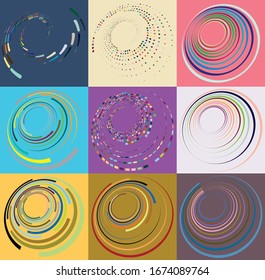 Set of mottled, multi color and colorful spiral, swirl, twirl shapes. Vortex, whorl shape with rotation, spin, coiling distortion effect over colored background, backdrop
