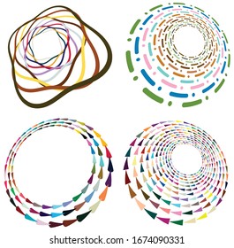 Set of mottled, multi color and colorful spiral, swirl, twirl shapes. Vortex, whorl shape with rotation, spin, coiling distortion effect
