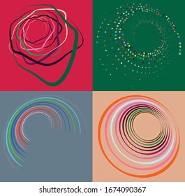 Set of mottled, multi color and colorful spiral, swirl, twirl shapes. Vortex, whorl shape with rotation, spin, coiling distortion effect over colored background, backdrop