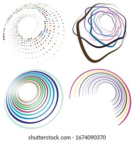 Conjunto de formas en espiral, giratorias, giratorias, multicolores y coloridas. Vórtice, forma de torsión con rotación, giro, efecto de distorsión de la bobina