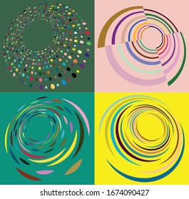Set of mottled, multi color and colorful spiral, swirl, twirl shapes. Vortex, whorl shape with rotation, spin, coiling distortion effect over colored background, backdrop
