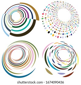 Set of mottled, multi color and colorful spiral, swirl, twirl shapes. Vortex, whorl shape with rotation, spin, coiling distortion effect