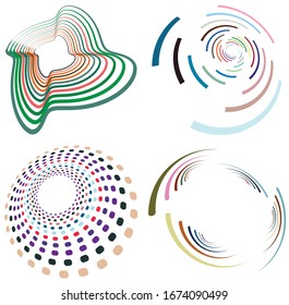 Set of mottled, multi color and colorful spiral, swirl, twirl shapes. Vortex, whorl shape with rotation, spin, coiling distortion effect