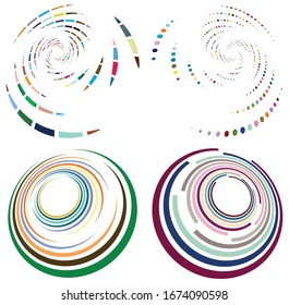 Set of mottled, multi color and colorful spiral, swirl, twirl shapes. Vortex, whorl shape with rotation, spin, coiling distortion effect