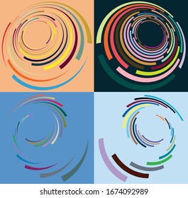 Set of mottled, multi color and colorful spiral, swirl, twirl shapes. Vortex, whorl shape with rotation, spin, coiling distortion effect over colored background, backdrop