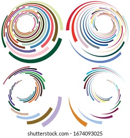 Set of mottled, multi color and colorful spiral, swirl, twirl shapes. Vortex, whorl shape with rotation, spin, coiling distortion effect