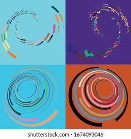 Conjunto de formas en espiral, giratorias, giratorias, multicolores y coloridas. Vórtex, forma de puño con rotación, giro, efecto de distorsión de la bobina sobre fondo coloreado, fondo