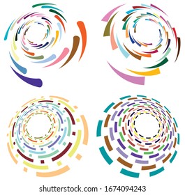 Set of mottled, multi color and colorful spiral, swirl, twirl shapes. Vortex, whorl shape with rotation, spin, coiling distortion effect