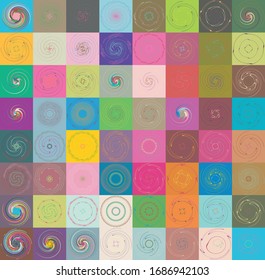 Set aus motbelten, mehrfarbigen und farbigen Spiralen, wirbeln, wirbeln Formen. Vortex, Walzenform mit Rotation, Spin, Verschmutzungsverzerrung auf buntem Hintergrund, Hintergrund