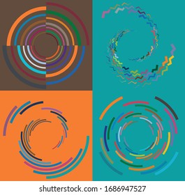 Set of mottled, multi color and colorful spiral, swirl, twirl shapes. Vortex, whorl shape with rotation, spin, coiling distortion effect over colored background, backdrop