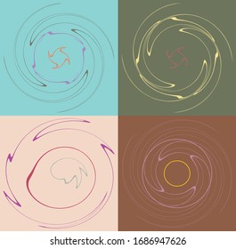 Set aus motbelten, mehrfarbigen und farbigen Spiralen, wirbeln, wirbeln Formen. Vortex, Walzenform mit Rotation, Spin, Verschmutzungsverzerrung auf buntem Hintergrund, Hintergrund