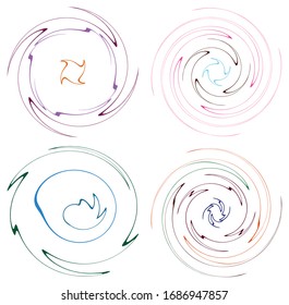 Set aus motbelten, mehrfarbigen und farbigen Spiralen, wirbeln, wirbeln Formen. Vortex, Wirbelform mit Rotation, Spin, Kahlschlag-Verzerrungseffekt