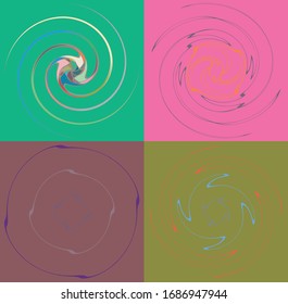 Set of mottled, multi color and colorful spiral, swirl, twirl shapes. Vortex, whorl shape with rotation, spin, coiling distortion effect over colored background, backdrop
