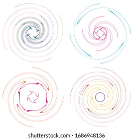 Set of mottled, multi color and colorful spiral, swirl, twirl shapes. Vortex, whorl shape with rotation, spin, coiling distortion effect