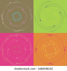 Set aus motbelten, mehrfarbigen und farbigen Spiralen, wirbeln, wirbeln Formen. Vortex, Walzenform mit Rotation, Spin, Verschmutzungsverzerrung auf buntem Hintergrund, Hintergrund