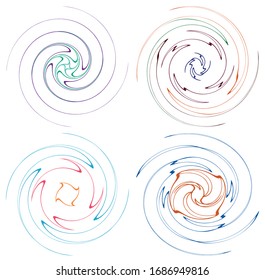 Set of mottled, multi color and colorful spiral, swirl, twirl shapes. Vortex, whorl shape with rotation, spin, coiling distortion effect