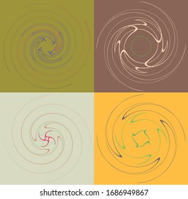 Conjunto de formas en espiral, giratorias, giratorias, multicolores y coloridas. Vórtex, forma de puño con rotación, giro, efecto de distorsión de la bobina sobre fondo coloreado, fondo