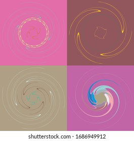 Set of mottled, multi color and colorful spiral, swirl, twirl shapes. Vortex, whorl shape with rotation, spin, coiling distortion effect over colored background, backdrop
