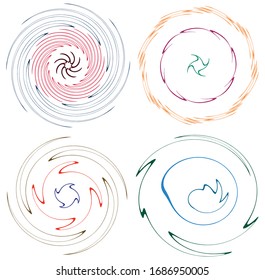 Set of mottled, multi color and colorful spiral, swirl, twirl shapes. Vortex, whorl shape with rotation, spin, coiling distortion effect
