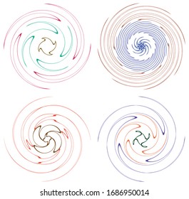 Set of mottled, multi color and colorful spiral, swirl, twirl shapes. Vortex, whorl shape with rotation, spin, coiling distortion effect