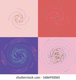 Set of mottled, multi color and colorful spiral, swirl, twirl shapes. Vortex, whorl shape with rotation, spin, coiling distortion effect over colored background, backdrop