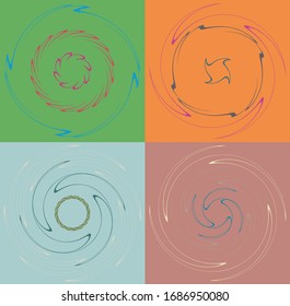 Set of mottled, multi color and colorful spiral, swirl, twirl shapes. Vortex, whorl shape with rotation, spin, coiling distortion effect over colored background, backdrop