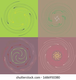 Set of mottled, multi color and colorful spiral, swirl, twirl shapes. Vortex, whorl shape with rotation, spin, coiling distortion effect over colored background, backdrop