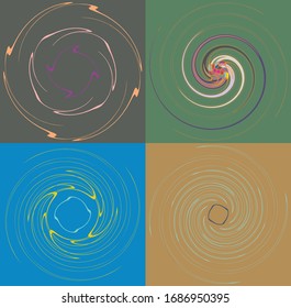 Set of mottled, multi color and colorful spiral, swirl, twirl shapes. Vortex, whorl shape with rotation, spin, coiling distortion effect over colored background, backdrop