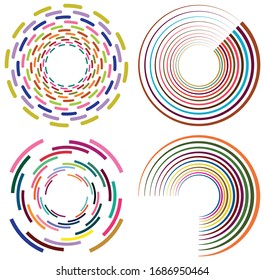 Conjunto de formas en espiral, giratorias, giratorias, multicolores y coloridas. Vórtice, forma de torsión con rotación, giro, efecto de distorsión de la bobina