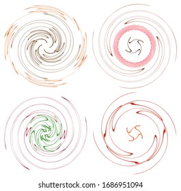 Set of mottled, multi color and colorful spiral, swirl, twirl shapes. Vortex, whorl shape with rotation, spin, coiling distortion effect
