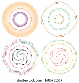 Set of mottled, multi color and colorful spiral, swirl, twirl shapes. Vortex, whorl shape with rotation, spin, coiling distortion effect