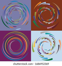 Set of mottled, multi color and colorful spiral, swirl, twirl shapes. Vortex, whorl shape with rotation, spin, coiling distortion effect over colored background, backdrop