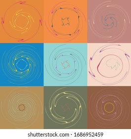 Set of mottled, multi color and colorful spiral, swirl, twirl shapes. Vortex, whorl shape with rotation, spin, coiling distortion effect over colored background, backdrop