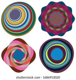 Set of mottled, multi color and colorful spiral, swirl, twirl shapes. Vortex, whorl shape with rotation, spin, coiling distortion effect