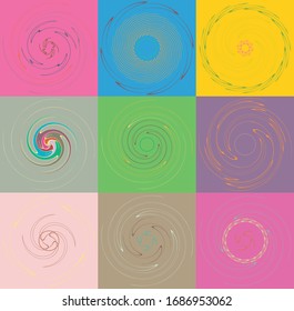 Set of mottled, multi color and colorful spiral, swirl, twirl shapes. Vortex, whorl shape with rotation, spin, coiling distortion effect over colored background, backdrop