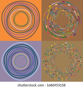 Set of mottled, multi color and colorful spiral, swirl, twirl shapes. Vortex, whorl shape with rotation, spin, coiling distortion effect over colored background, backdrop
