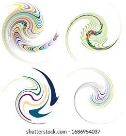 Set of mottled, multi color and colorful spiral, swirl, twirl shapes. Vortex, whorl shape with rotation, spin, coiling distortion effect