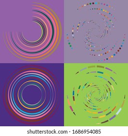 Set of mottled, multi color and colorful spiral, swirl, twirl shapes. Vortex, whorl shape with rotation, spin, coiling distortion effect over colored background, backdrop