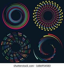 Set of mottled, multi color and colorful spiral, swirl, twirl shapes. Vortex, whorl shape with rotation, spin, coiling distortion effect
