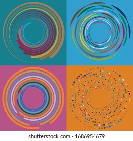 Set of mottled, multi color and colorful spiral, swirl, twirl shapes. Vortex, whorl shape with rotation, spin, coiling distortion effect over colored background, backdrop
