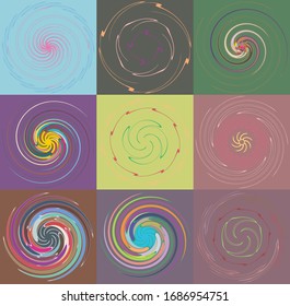 Set aus motbelten, mehrfarbigen und farbigen Spiralen, wirbeln, wirbeln Formen. Vortex, Walzenform mit Rotation, Spin, Verschmutzungsverzerrung auf buntem Hintergrund, Hintergrund